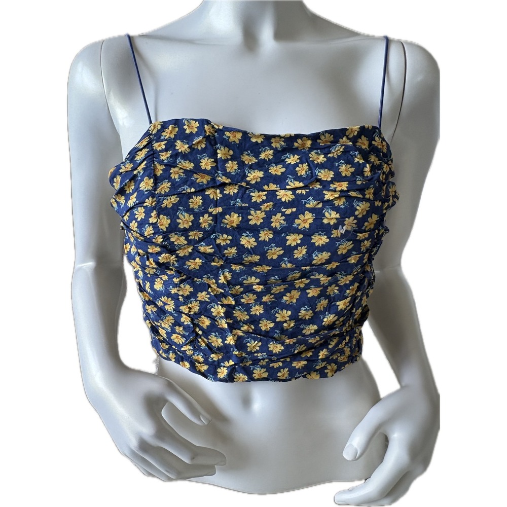 NWT PacSun LA Hearts Blue Floral Ruched Spaghetti Strap Crop Top Blouse Medium M